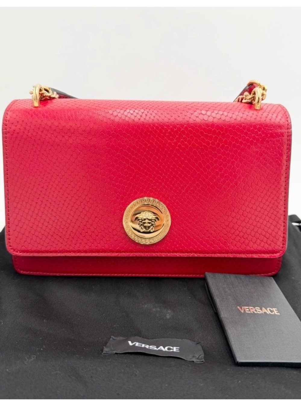 Versace Red Leather Snake-Textured Shoulder Bag with Gold Medusa Emblem